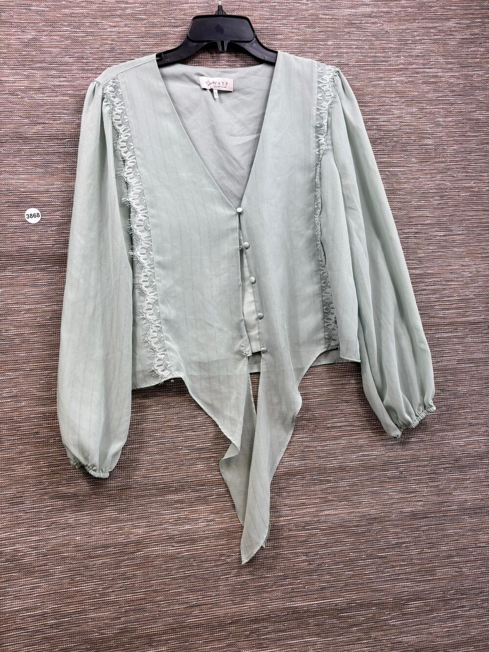 WAYF Blouse Womens XL Green Lace Trim V Neck Button Front Handkerchief Hem